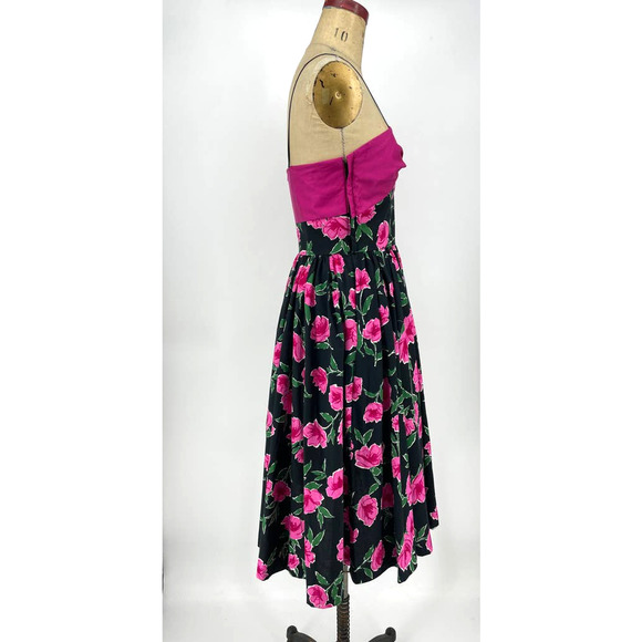 Floral Fit and Flare Sleeveless Pink Black Midi Rockabilly Dress Medium - Picture 3 of 8